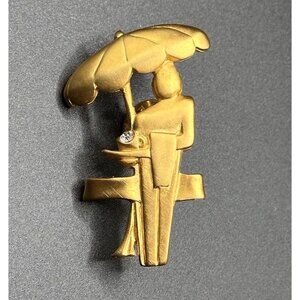 Signed Brushed Goldtone Waiter Waitress With Towel Under Umbrella‎ Pin Brooch